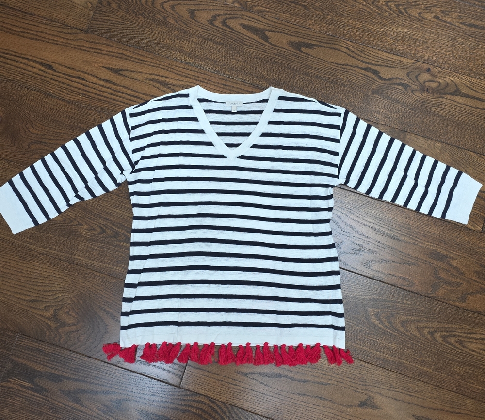 Women's Navy and White Striped Sweater with Red Fringe